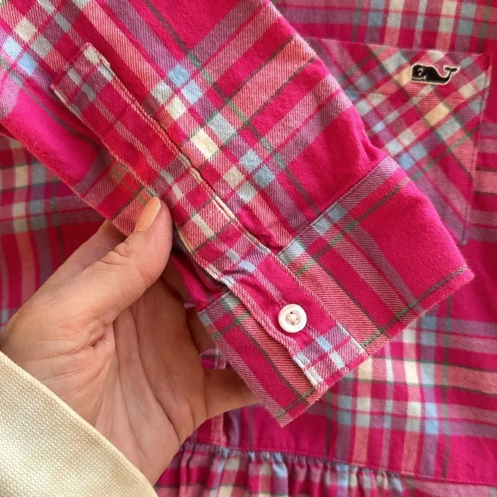 Vineyard Vines Flannel Shirt Dress Girls‎ Size 10 Pink Plaid Button Front Preppy